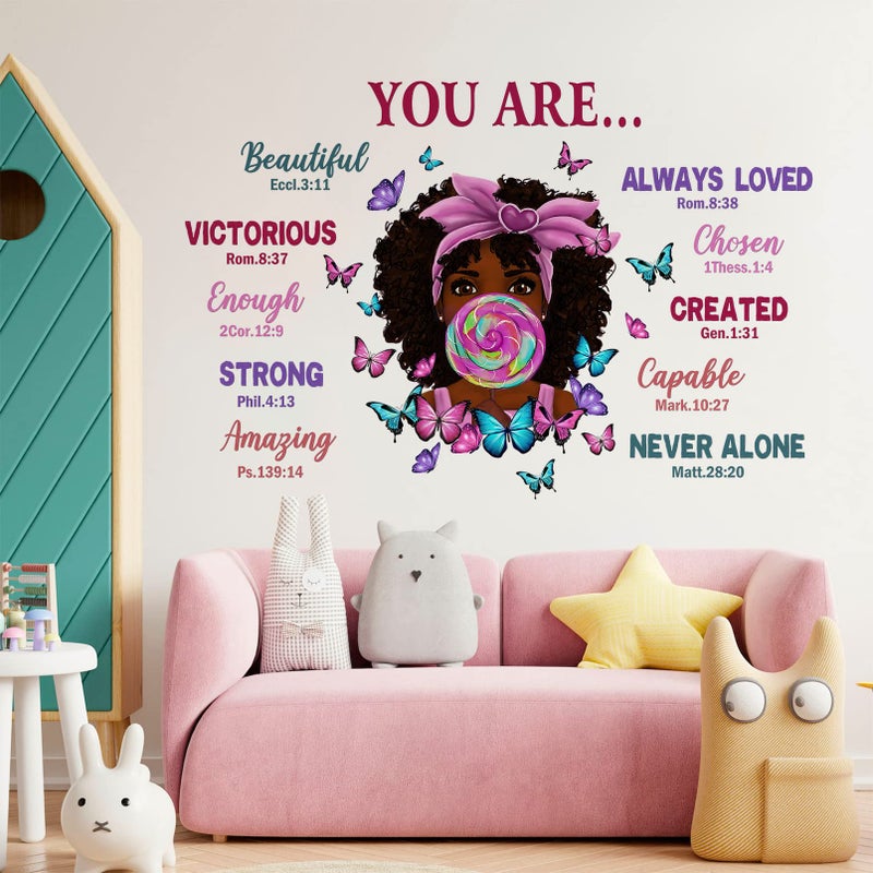 Mfault Black Girl Magic You are Beautiful Inspirational Wall Decals Stickers, Religious Quote Lollipop Butterfly Nursery Decoration African American Bedroom Art, Positive Afro Kid Teen Room Home Decor - Image 3